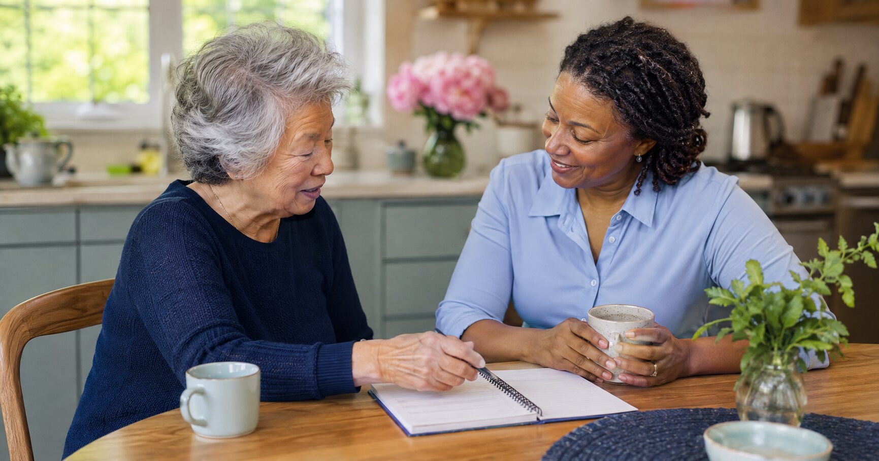 Two women talking over coffee and reviewing a notebook together