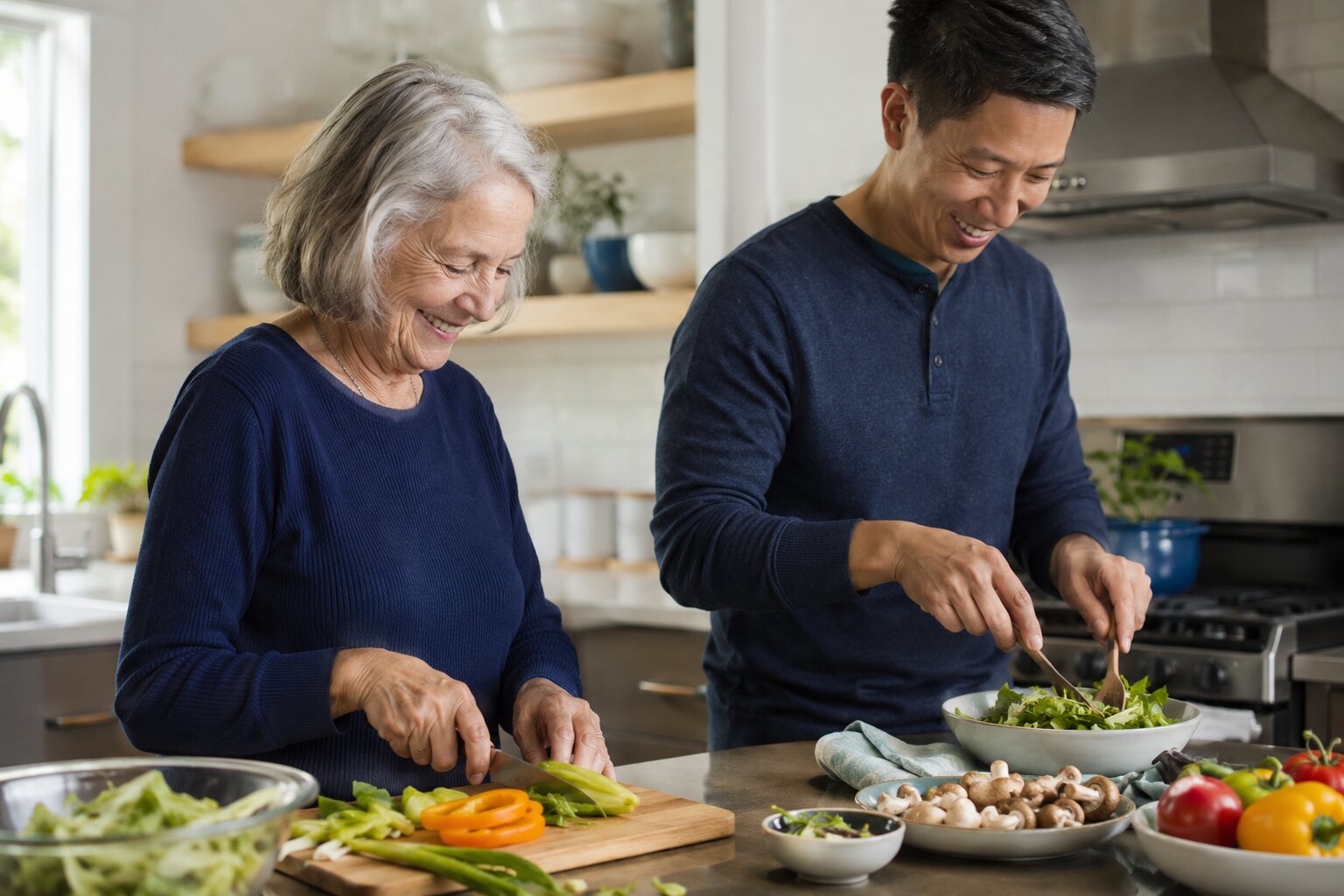 An older woman and her adult son preparing a meal together