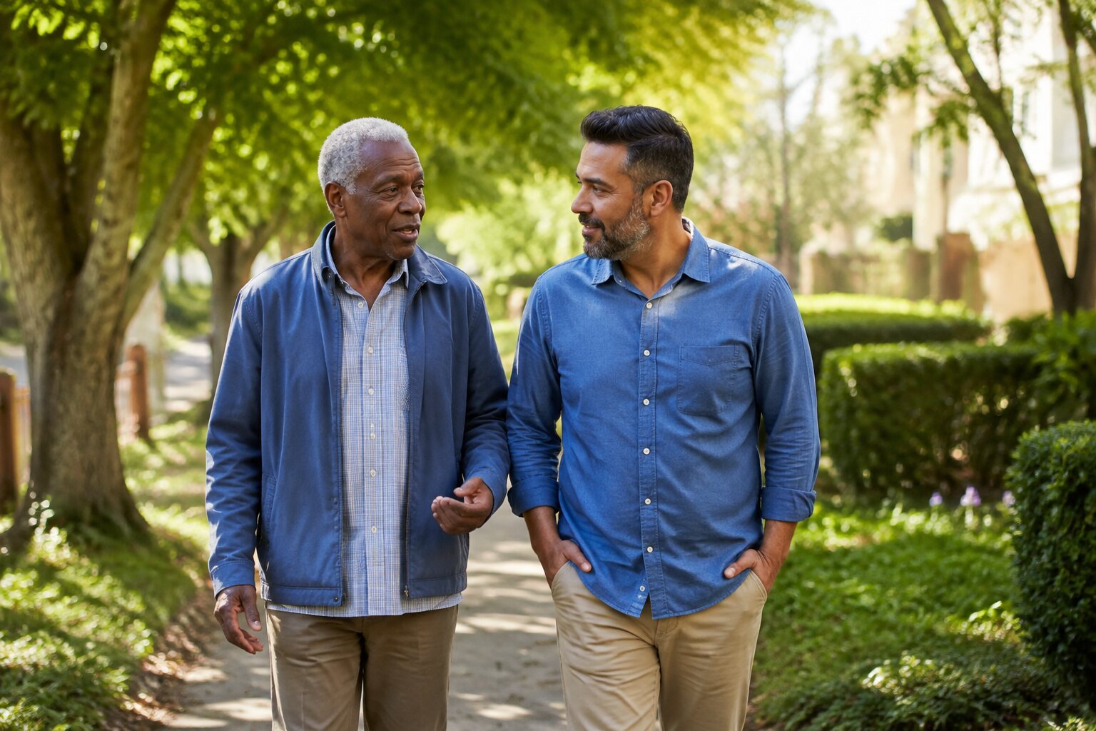 A father and adult son walking and talking together